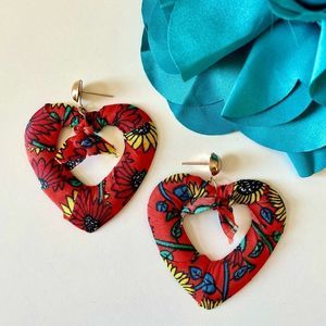 Fabric Covered Heart Dangle Earrings, Pierced, Sunflower, Large, NEW